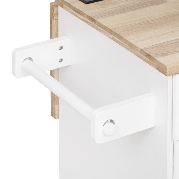 English Elm K&k Rolling Kitchen Island Rubber Wood Top Brass Hardware Built-in Outlets Storage White N707S299014W