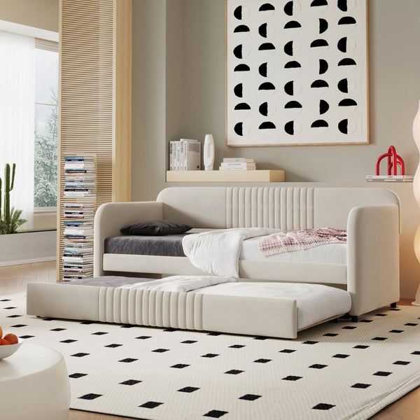 English Elm Upholstered Velvet Twin Daybed with Pull Out Trundle Sofa for Guest or Kids Room LP100127AAA