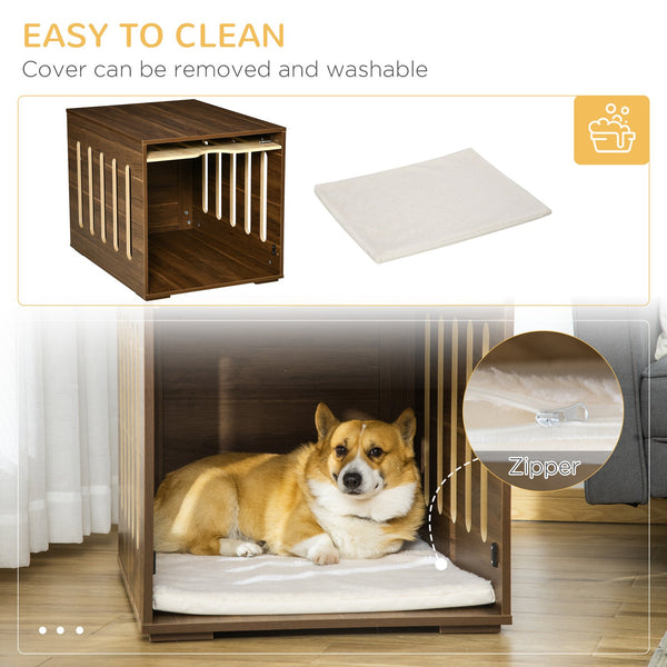English Elm PawHut Modern Dog Crate End Table with Removable Sliding Door, Foam Cushion, Lock, Indoor Pet Haven Brown W2225P217302