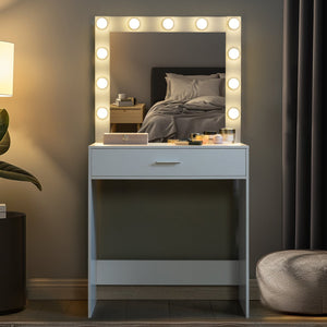 English Elm Vanity Elegant dressing table with LED mirror lights, large drawer, adjustable brightness & storage White W2386P216215