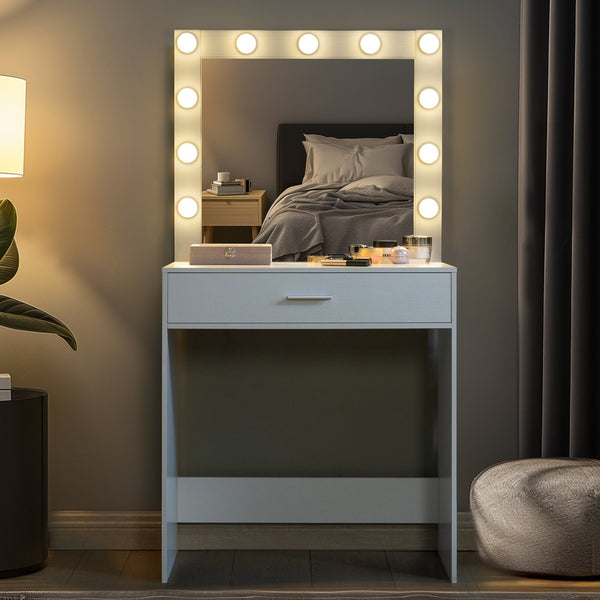 English Elm Vanity Elegant dressing table with LED mirror lights, large drawer, adjustable brightness & storage White W2386P216215