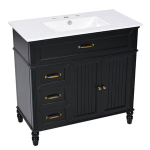 English Elm 36" Modern Bathroom Vanity with Ceramic Sink, Solid Wood + MDF Frame, Sleek Freestanding Design Black N725P195410B