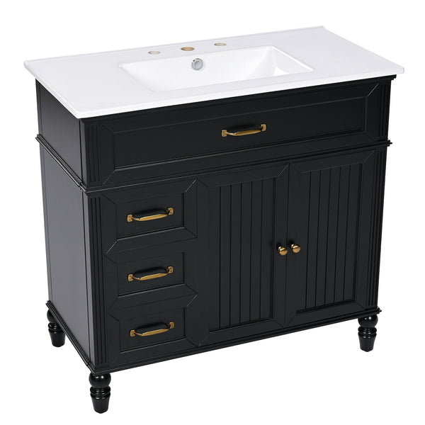 English Elm 36" Modern Bathroom Vanity with Ceramic Sink, Solid Wood + MDF Frame, Sleek Freestanding Design Black N725P195410B