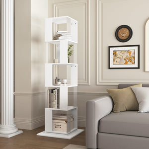 English Elm 5 tier rotating bookshelf with 360° swivel, large-capacity wood veneer rack with acrylic shelves and anti-tip base White W409P167480