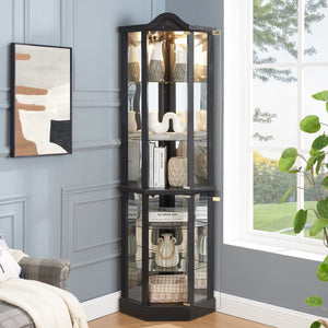English Elm Lighted Corner Curio Cabinet With Adjustable Shelves, Elegant Black Design, Perfect For Home Display W1758P300126