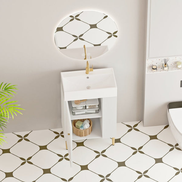 English Elm 21.6" Bathroom Vanity with Ceramic Sink Open Shelving Soft Close Cabinet White W1573S00022
