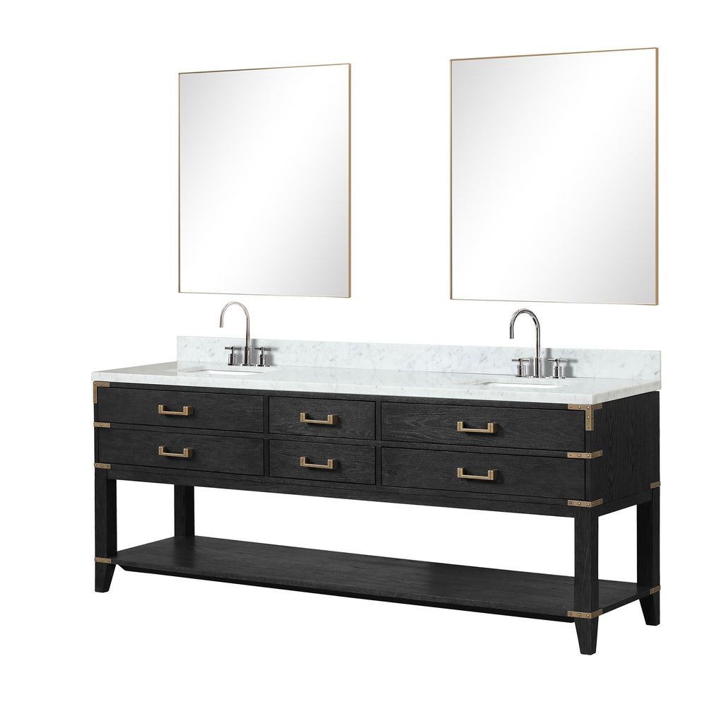 English Elm Black Oak Double Bath Vanity With Carrara Marble Top, Chrome Faucet, & 36" Mirrors For Elegant Style B2731S02205