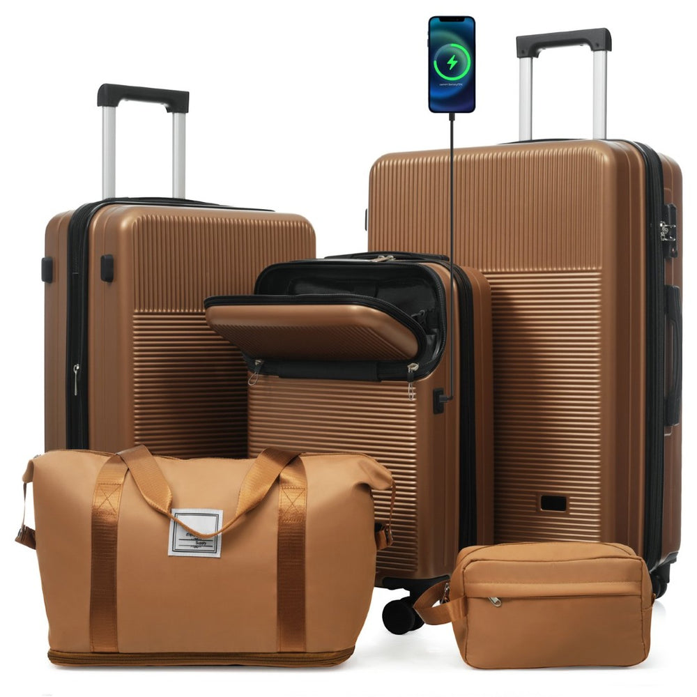 English Elm Luggage 5 Piece Hardside Abs Set with Front Access Carry on and Tsa Spinner Wheels Brown N732P391579O