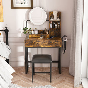 English Elm Makeup Vanity Table with LED Lights, Built-In Outlet & USB, Large Drawers, Hair Dryer Stand Brown W509P297015