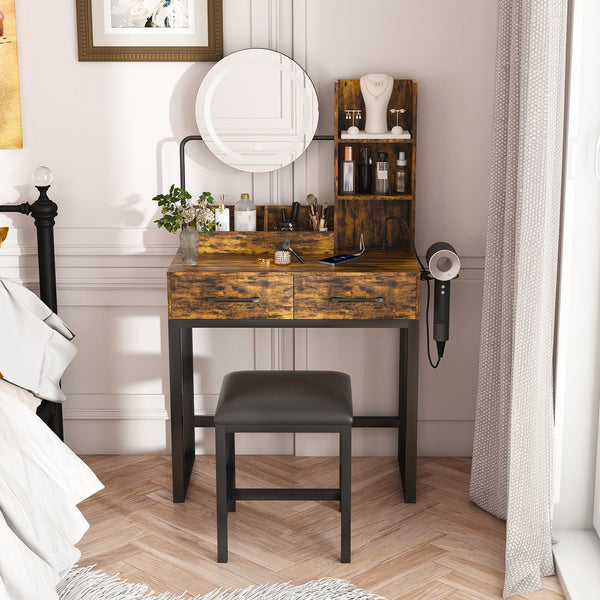 English Elm Makeup Vanity Table with LED Lights, Built-In Outlet & USB, Large Drawers, Hair Dryer Stand Brown W509P297015