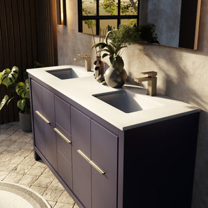 English Elm Navy Blue Double Bath Vanity With White Quartz Top, 55 In. Mirror, Ample Storage & Soft-Close Doors B2731S01494