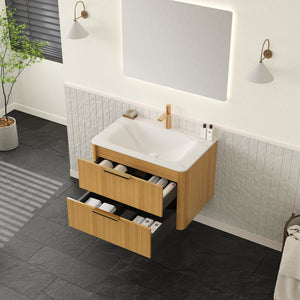 English Elm ZANE Floating 30" Vanity with Integrated Hot-Press Sintered Stone Basin, Soft-Close Drawers, Plywood Cabinet W2615P360722