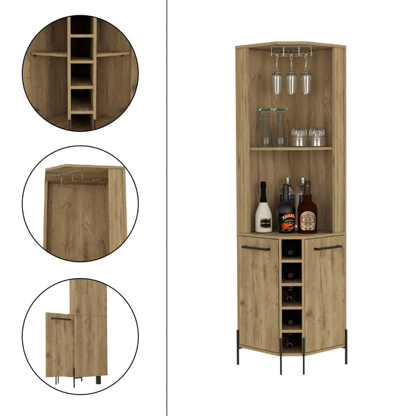 English Elm Corner Bar Cabinet with Ten Built-In Wine Slots, Cup Rack & Spacious Top Shelf for Entertaining Beige 28.74 L x 22.44 W x 4.72 H B097S00170