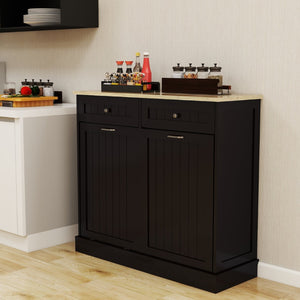 English Elm Two Compartment Tilt Out Trash Cabinet with Drawers Matte Black Kitchen Storage W1120127329
