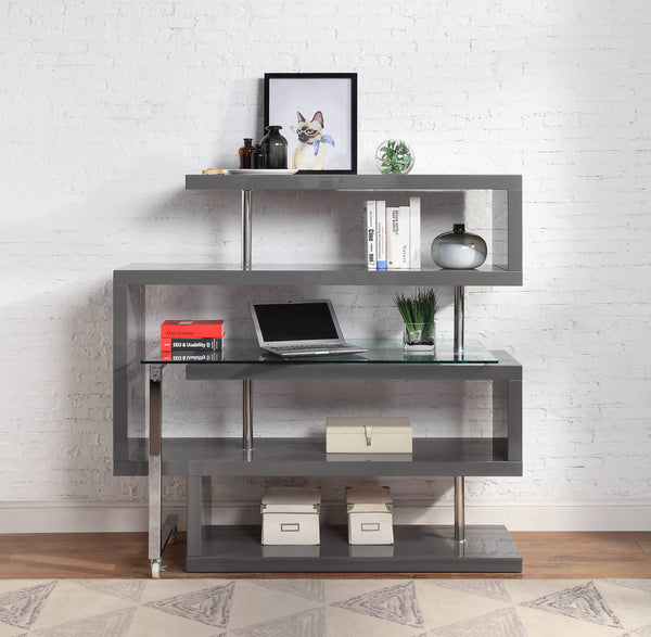 English Elm Buck Modern Buck Glass Writing Desk with Chrome High-Gloss Frame, 360° Swivel, Shelves & Wheels Gray 51 L x 28 W x 4.5 H B2726S00027