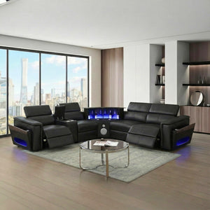 English Elm Nova Power Reclining Sectional with Bluetooth Audio Led Bar and Lift Top Wine Storage Black B009S02163
