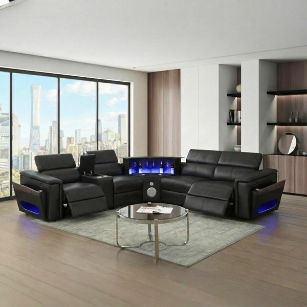 English Elm Nova Power Reclining Sectional with Bluetooth Audio Led Bar and Lift Top Wine Storage Black B009S02163