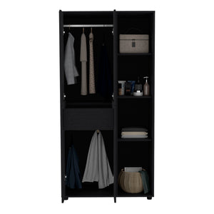 English Elm Misuri Multi-Function Wardrobe Armoire with Double Doors, Drawer, Hanging Rods and Open Shelves Black 73 L x 24 W x 3 H B200S00288