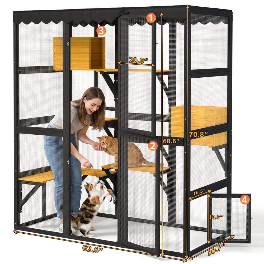 English Elm Cat Catio Walk-in Wooden Enclosure with Mesh Panels Condos and Weatherproof Roof W3166P475540