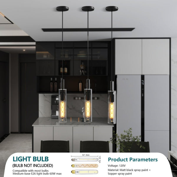 English Elm 3 Pack Industrial Pendant Lights Clear Glass Matte Black for Kitchen Island Dining W1340P309767