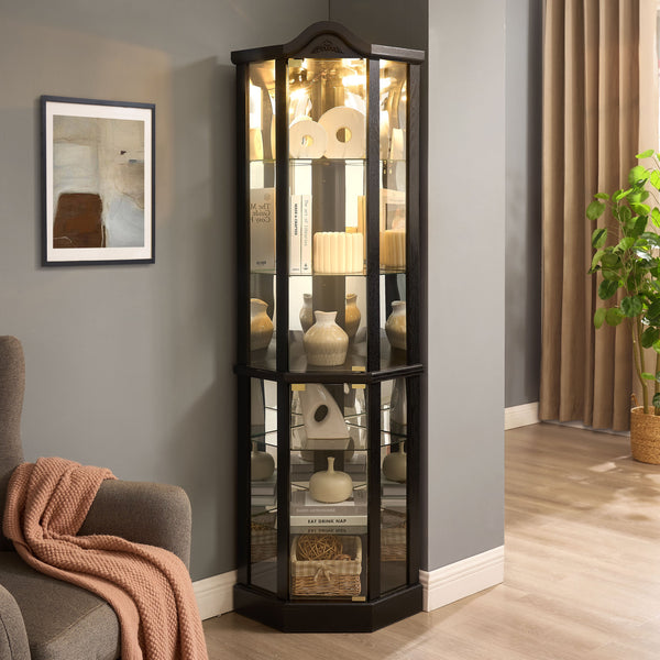 English Elm Lighted Corner Curio Cabinet With Adjustable Shelves, Elegant Black Design, Perfect For Home Display W1758P300126