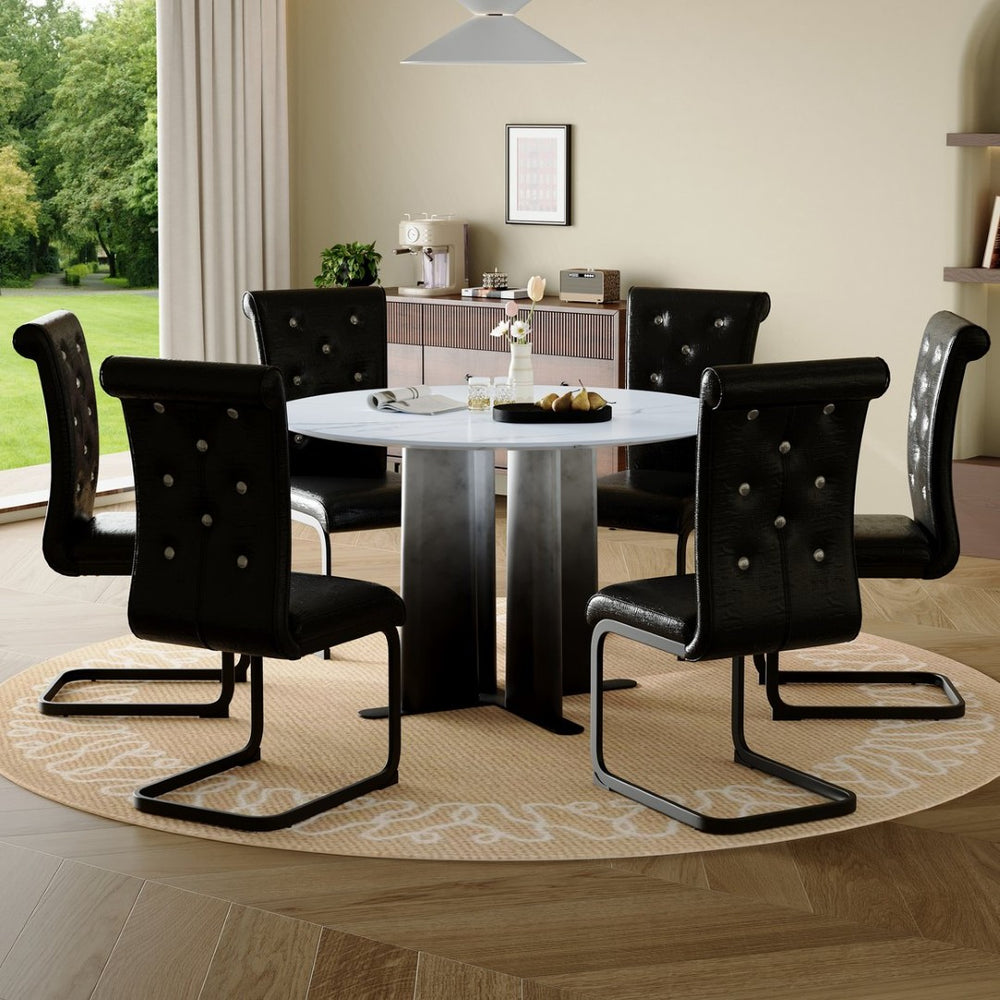 English Elm Modern Round Faux Marble Dining Set with Six Tufted Pvc Chairs Gradient Pedestal Base W3875S00073