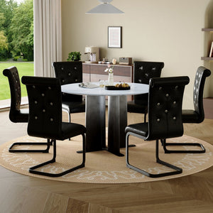 English Elm Modern Round Faux Marble Dining Set with Six Tufted Pvc Chairs Gradient Pedestal Base W3875S00073