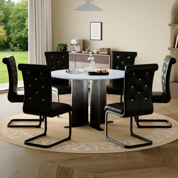 English Elm Modern Round Faux Marble Dining Set with Six Tufted Pvc Chairs Gradient Pedestal Base W3875S00073