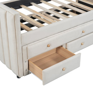 English Elm Twin Upholstered Daybed with Pull-Out Trundle and 3 Drawers, Velvet Finish, Solid Frame, Slat Kit Included Beige SF000147AAA