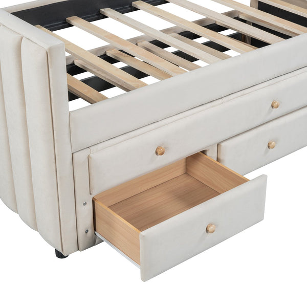 English Elm Twin Upholstered Daybed with Pull-Out Trundle and 3 Drawers, Velvet Finish, Solid Frame, Slat Kit Included Beige SF000147AAA