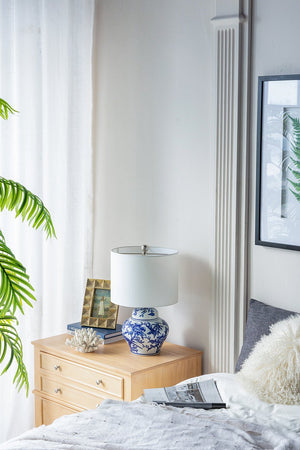 English Elm D12x19.3" Blue and White Ceramic Vase Lamp — Urn Silhouette, Intricate Blue Patterning, Soft Ambient Glow for Mantel W2078P324059