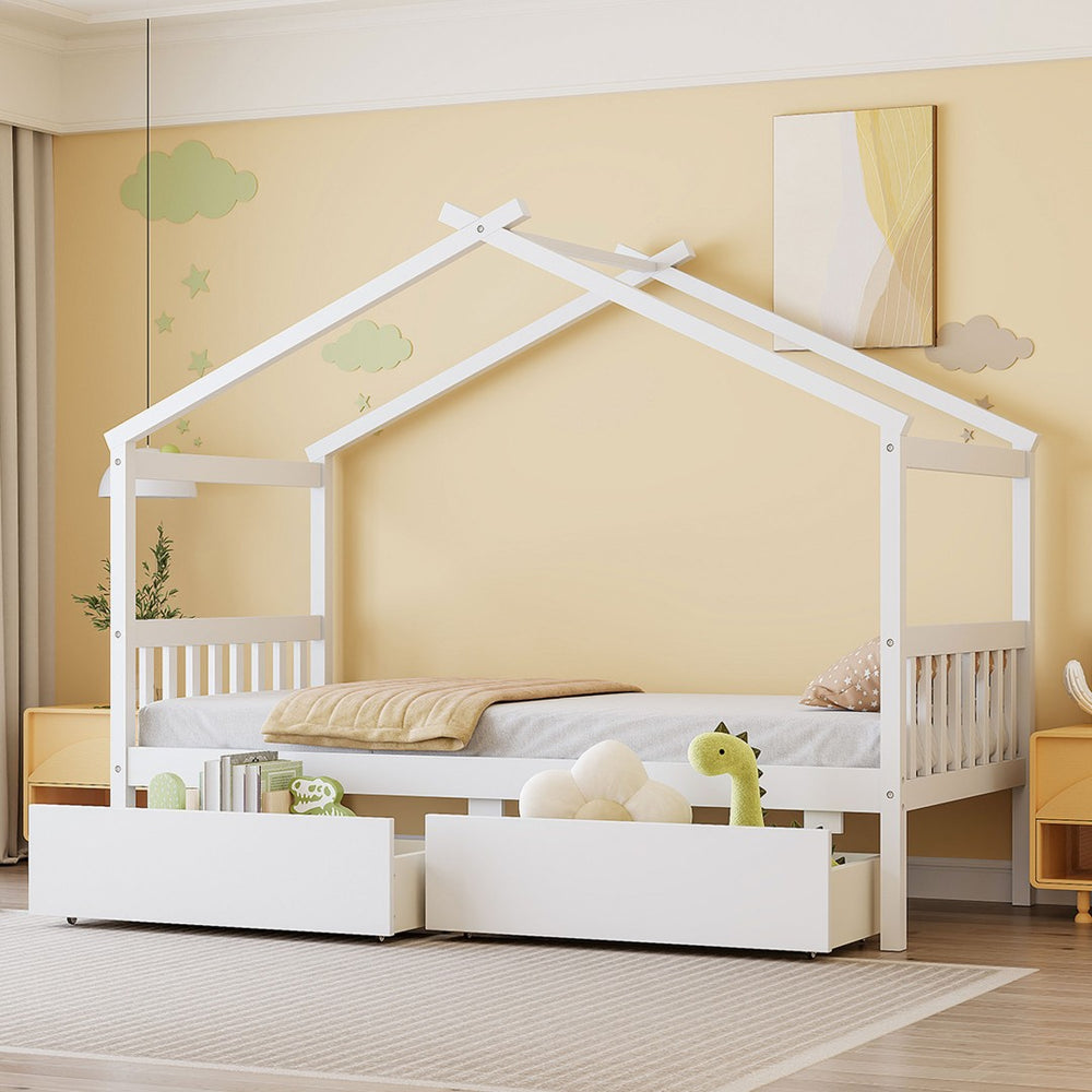 English Elm Twin House Bed Solid Pine Kids Cottage Frame with Storage Drawers Imaginative Room N708P309245K