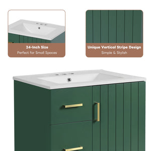 English Elm 24" Modern Bathroom Vanity with Under-Mount Sink, Vertical Stripe Design, 2 Drawers & Soft-Close Cabinet Green N710P288936F