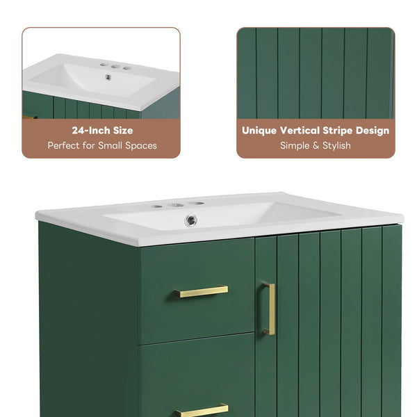 English Elm 24" Modern Bathroom Vanity with Under-Mount Sink, Vertical Stripe Design, 2 Drawers & Soft-Close Cabinet Green N710P288936F
