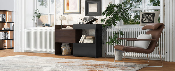 English Elm 32.5''-58.8''W Expandable Rotating Storage Cabinet with Drawer & Flip Doors, Modern Black Walnut Elegance N845P261744D