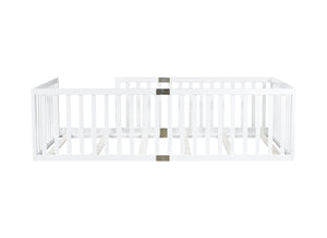 English Elm Twin House Frame Floor Bed Rubberwood with Roof Canopy and Safety Rails for Kids White W504P429530
