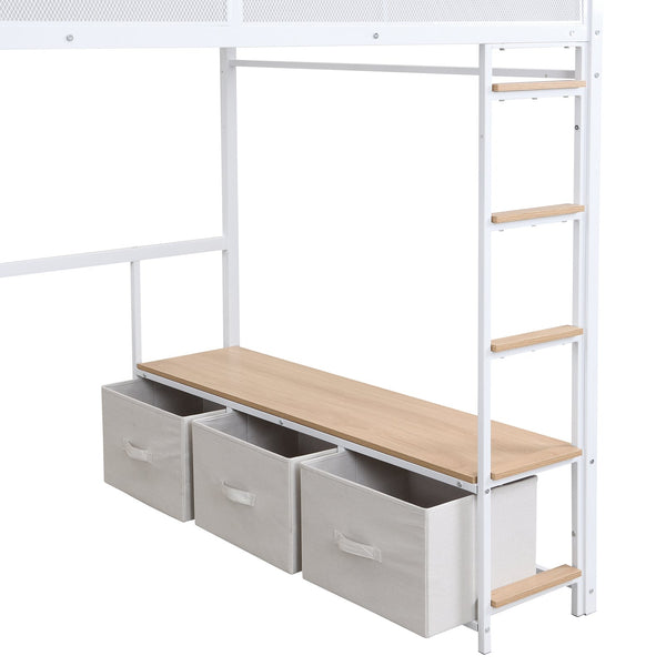 English Elm Full Metal Gaming Loft Bed with LED Lighting, Built-In Desk, Open Wardrobe and 3 Drawers for Space-Saving Comfort White GX001133AAK