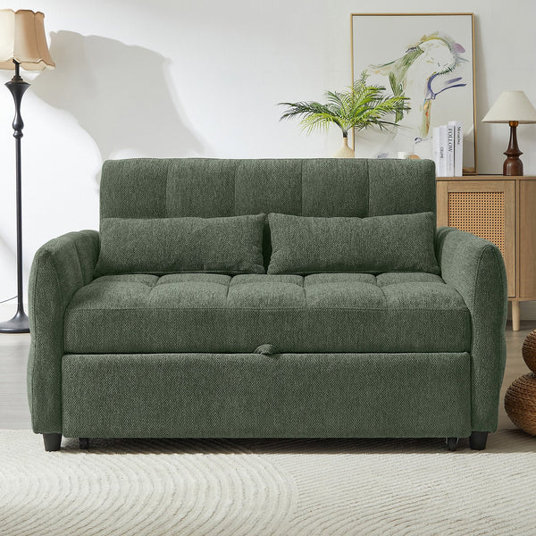English Elm 52.8" Loveseat Sofa Pull-Out Bed with Adjustable Backrest, Tufted Chenille, 3 USB Ports & Pillows Green N719S001710F