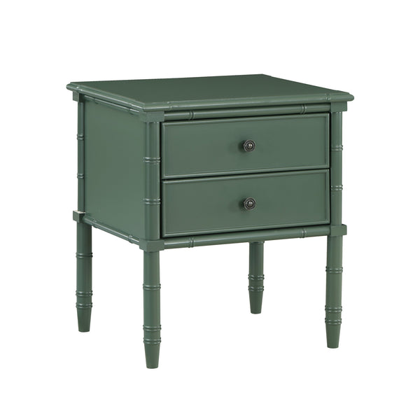 English Elm Emmett carved bamboo nightstand with 2 full‑extension drawers, brass knobs and floor‑protecting glides Antique Green B050P376942