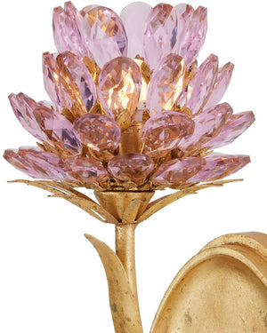 Currey & Company Marilee Double-light Wall Sconce - Elegant Dutch Gold Leaf With Pink Crystal Blossoms For Glow Pink Crystal ,Wrought Iron 5000-0279-currey-company