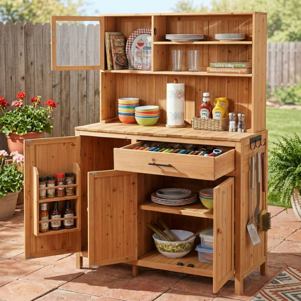 English Elm (with Hutch) Topamx Solid Fir Potting Bench Patio Workstation Spice Rack Drawer Natural N717P404330A