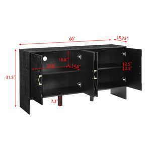 English Elm 60" Mid Century Modern Sideboard Buffet Cabinet with Fluted Diamond Front, Adjustable Shelves, Black — Stylish Storage for TV, Dining, Entryway W1801P290306