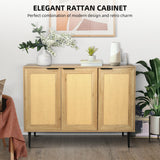 Elegant Kitchen Buffet Storage Cabinet with 3 Rattan Doors, 3-Tier Shelving, Natural Color - 47.24