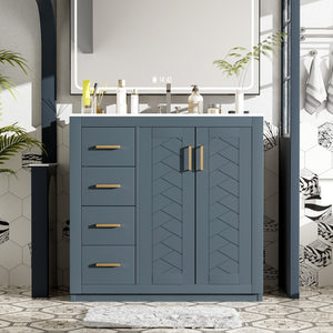 English Elm 36'' Bathroom Vanity with Ceramic Sink Combo, Solid Wood Frame, Soft-Close Drawers and Stylish Retro Groove Design Blue N710P291684C