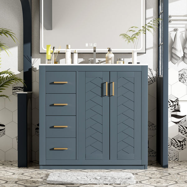 English Elm 36'' Bathroom Vanity with Ceramic Sink Combo, Solid Wood Frame, Soft-Close Drawers and Stylish Retro Groove Design Blue N710P291684C