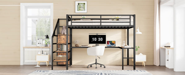 English Elm Queen Size Loft Bed With L-Shaped Desk, Usb Ports & Led Light - Modern Metal Frame For Stylish Spaces W1580S00180-GIGA