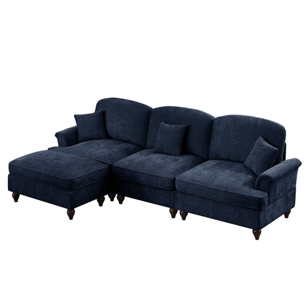 English Elm Mid Century three-seater modular L-shaped sectional sofa with removable ruffle skirts, chenille comfort and spindle legs — versatile, elegant seating solution Blue W3041S00256