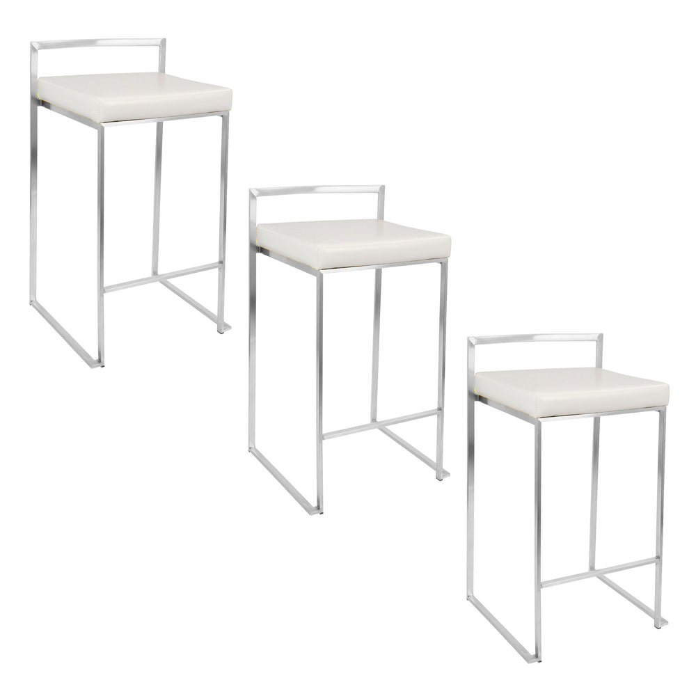 English Elm Fuji 26" Contemporary Stackable Counter Stool Set of 3 — Brushed Stainless Frame, White Faux Leather Cushion, Comfortable Modern Design B202P222002