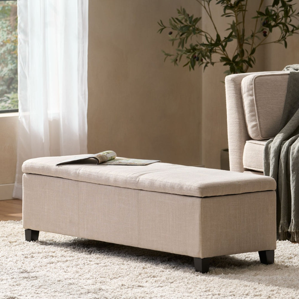 English Elm Upholstered Storage Ottoman with Solid Wood Legs Wide Hinged Bench for Living Rooms N757P414088B
