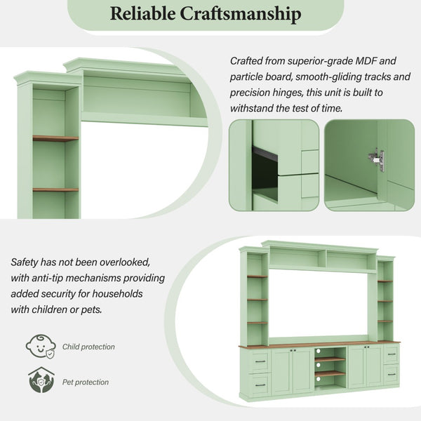 English Elm Unique Low Profile Media Console with Led Lighting Glass Shelves Fits Tvs to 105 Mint Green N721S000077M